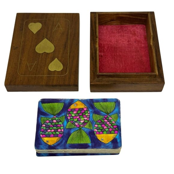 VTG 60s HandCarved Wooden Playing Card Box HandPainted Fish Design Deck of Cards - Picture 1 of 10